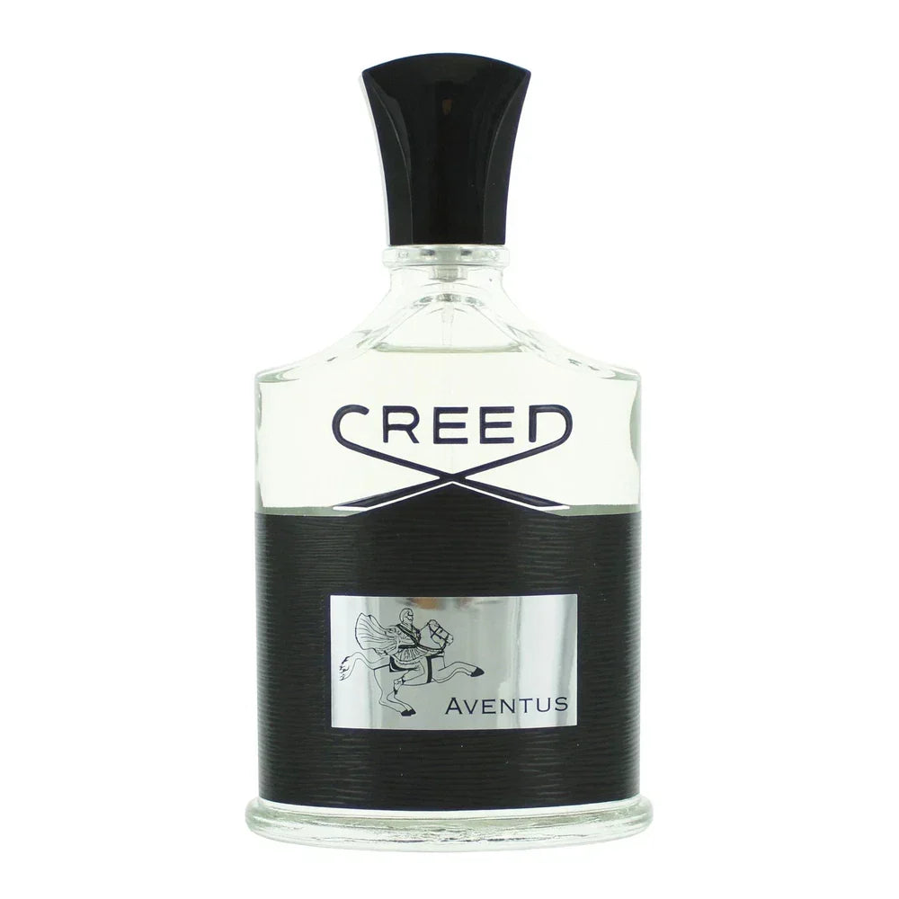 Creed Aventus Eau de Parfum for Men 3.3 oz bottle with sleek black and gold design, displayed on a neutral background.