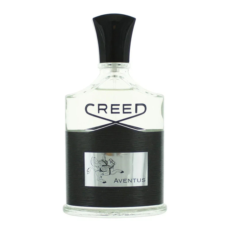 Creed Aventus Eau de Parfum for Men 3.3 oz bottle with sleek black and gold design, displayed on a neutral background.