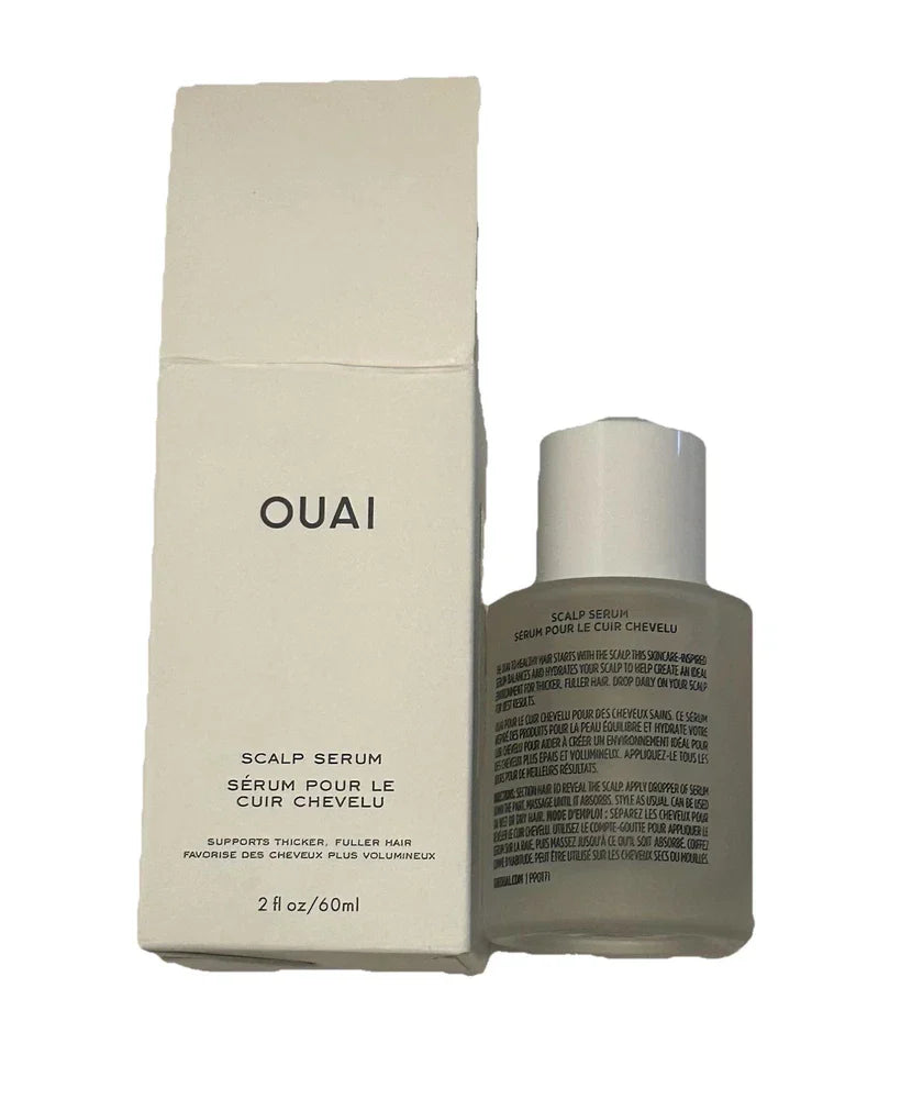 OUAI Scalp Serum for thicker, fuller hair by Spacewallart, showing the 2 oz bottle with applicator tip and sleek packaging.