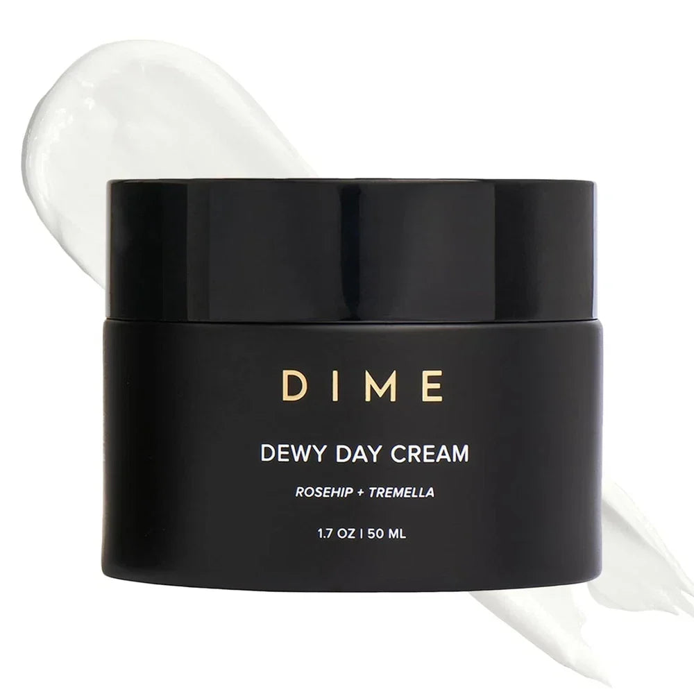 DIME Beauty Dewy Day Cream with rosehip oil and snow mushroom, moisturizing face cream in a 1.7 oz jar.