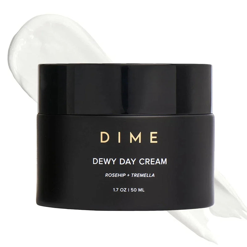 DIME Beauty Dewy Day Cream with rosehip oil and snow mushroom, moisturizing face cream in a 1.7 oz jar.