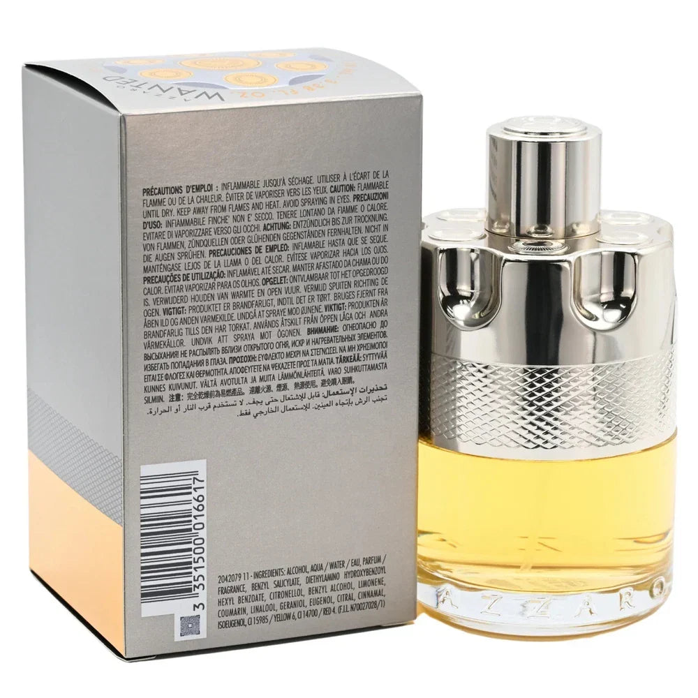 Azzaro Wanted Eau de Toilette for Men 3.4 oz bottle, new in box, with sleek design and clear label, displayed against a neutral background.