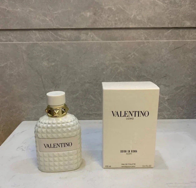 Valentino Uomo Born In Roma Ivory Eau de Toilette for Men in 3.4 oz bottle, sealed, featuring sleek white packaging and classic design.