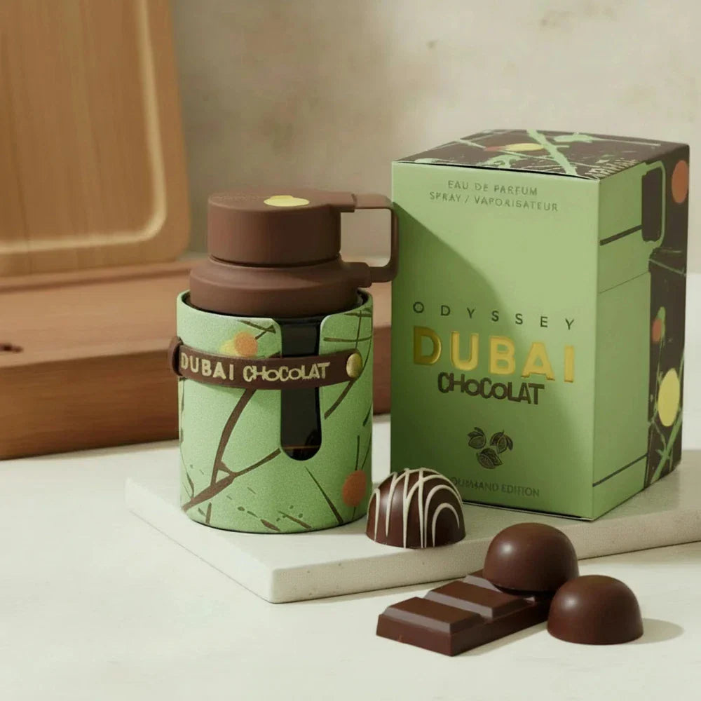 Armaf Odyssey Dubai Chocolat Eau de Parfum for Men in 3.4 oz bottle, authentic fragrance with sleek packaging.