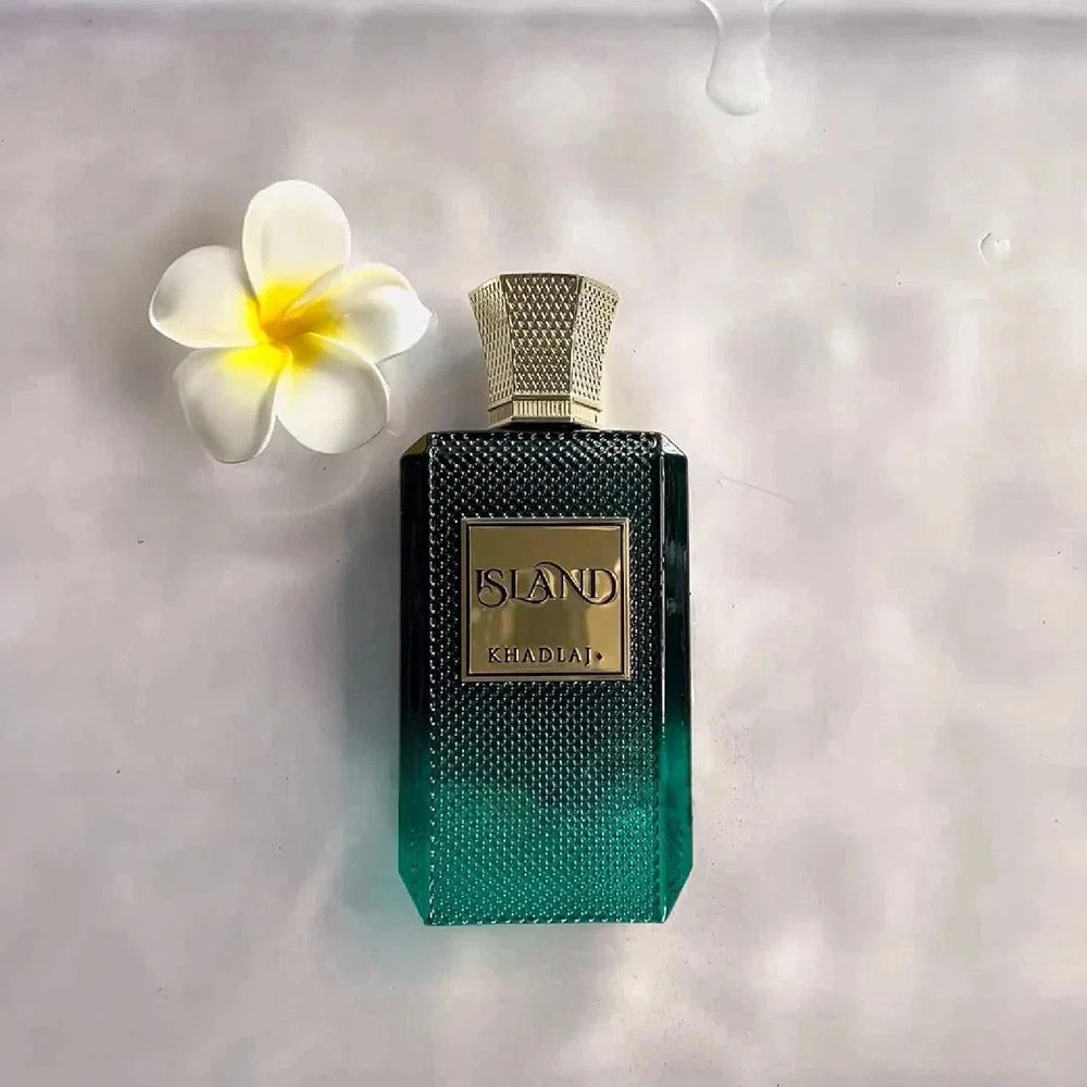 Khadlaj Island Extrait De Parfum spray for unisex, 3.4 oz, with elegant bottle and label, in a beauty product setting