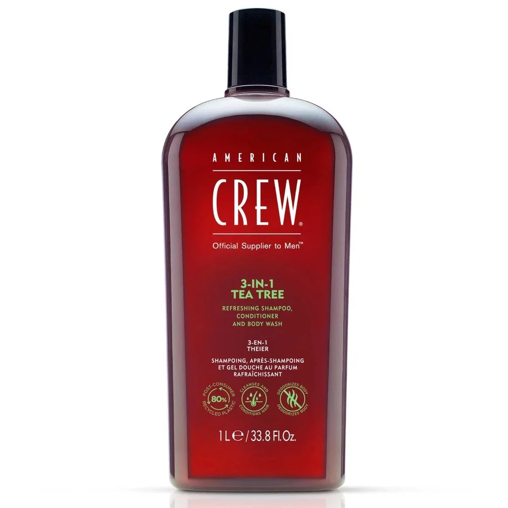 American Crew 3-in-1 Tea Tree Shampoo, Conditioner & Body Wash bottle, 33.8 fl oz, with green label and pump dispenser.