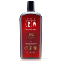 American Crew 3-in-1 Tea Tree Shampoo, Conditioner & Body Wash bottle, 33.8 fl oz, with green label and pump dispenser.