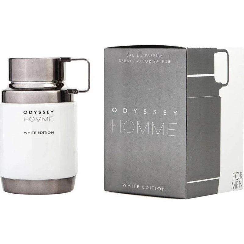 Armaf Odyssey Homme White Edition Eau de Parfum for Men in 3.4 oz bottle, authentic fragrance displayed in box.