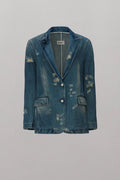 Spacewallart Chest Rose Denim Blazer shown on a hanger, featuring a classic denim design with chest pockets and rose-colored fabric.
